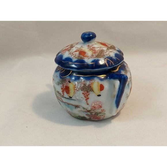 Antique Moriage Japan Porcelain Sugar Bowl w/lid Marked 3" tall Geisha scene - Picture 5 of 12